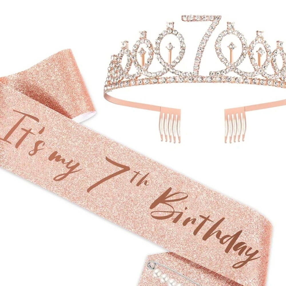 Rose Gold 7th Birthday Tiara and Sash Set